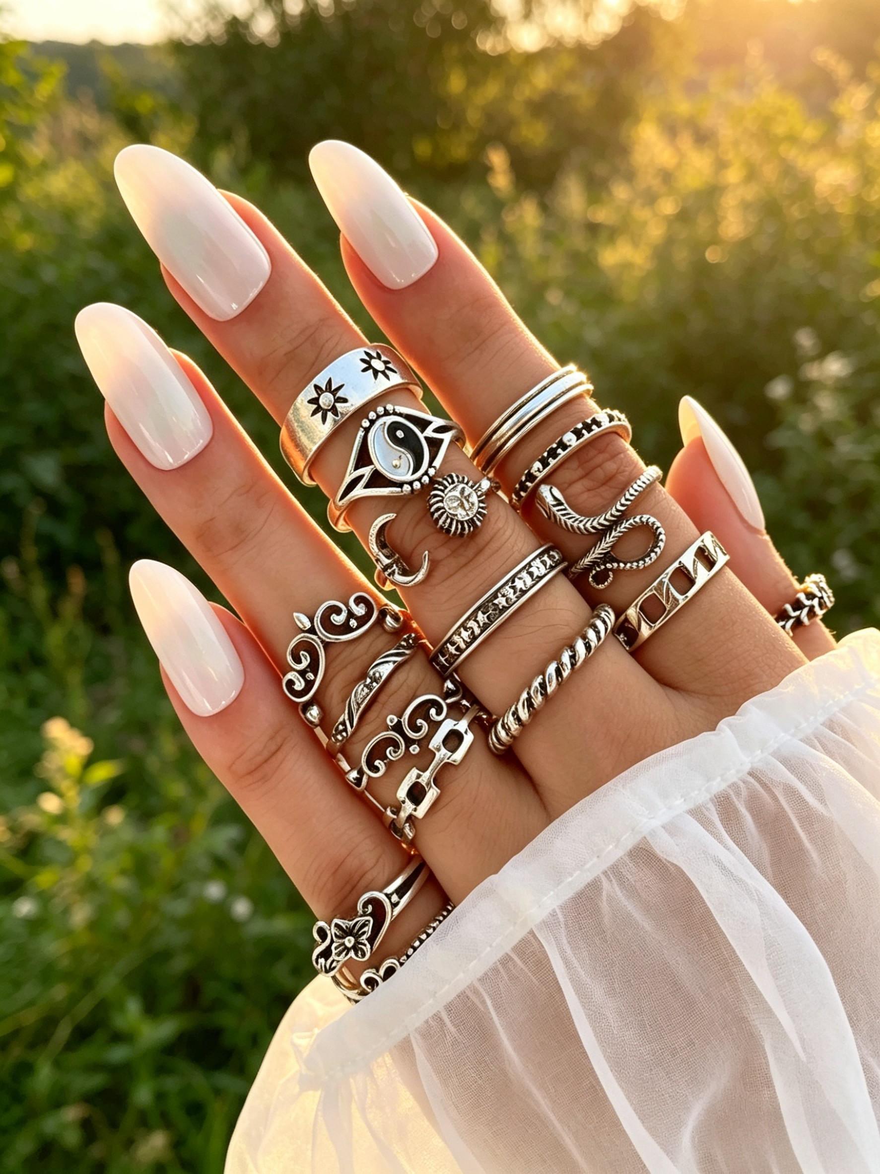 17-Piece Ring Necklace Set, Vintage Silver Color Stackable Rings, Stainless Steel Pearl Necklace, Y2K Gothic Punk Jewelry, Gift for Friends