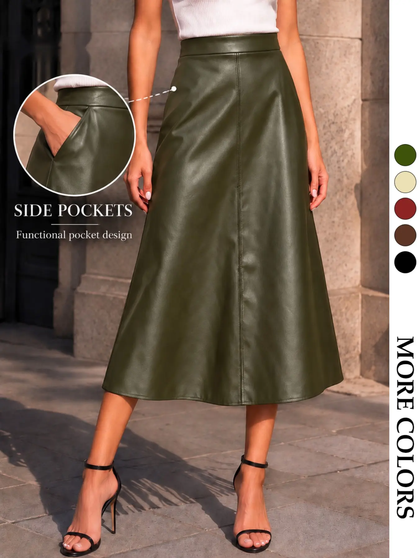 Women's High Waist Matte PU Leather Skirt, Side Pocket Mid-Length A-Line Skirt, Fall Winter Commute Wide Leg Leather Skirt