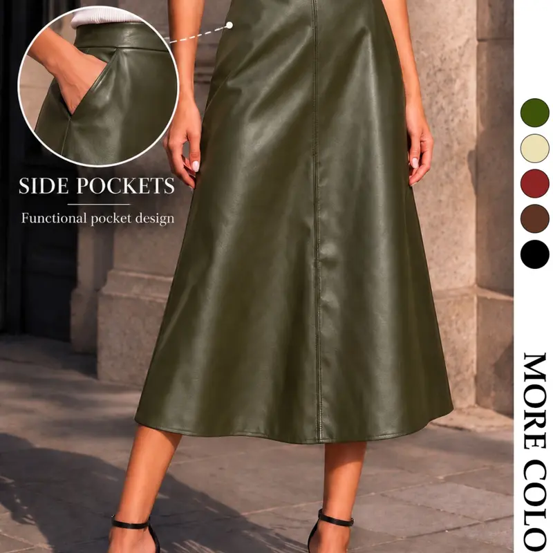 Women's High Waist Matte PU Leather Skirt, Side Pocket Mid-Length A-Line Skirt, Fall Winter Commute Wide Leg Leather Skirt