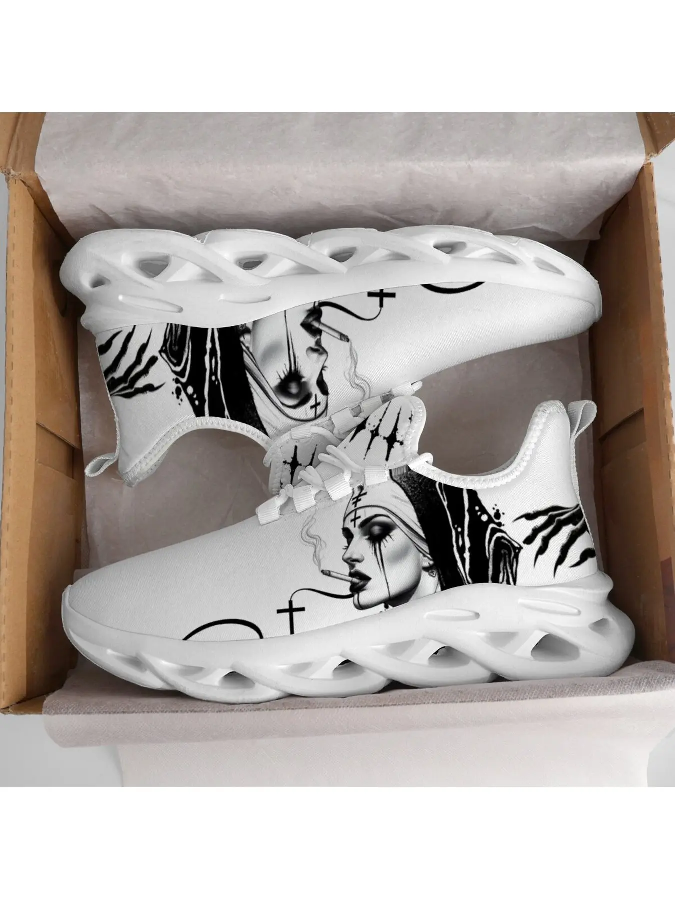 Nun Black Black Ink Tattoo Portrait Chunky Sneakers Breathable Mesh Hollow Cutout Sole Walking Footwear Black Ink Cross Symbol Claw Mark Gothic Portrait Print Punk Street Casual Trainers For Men Women