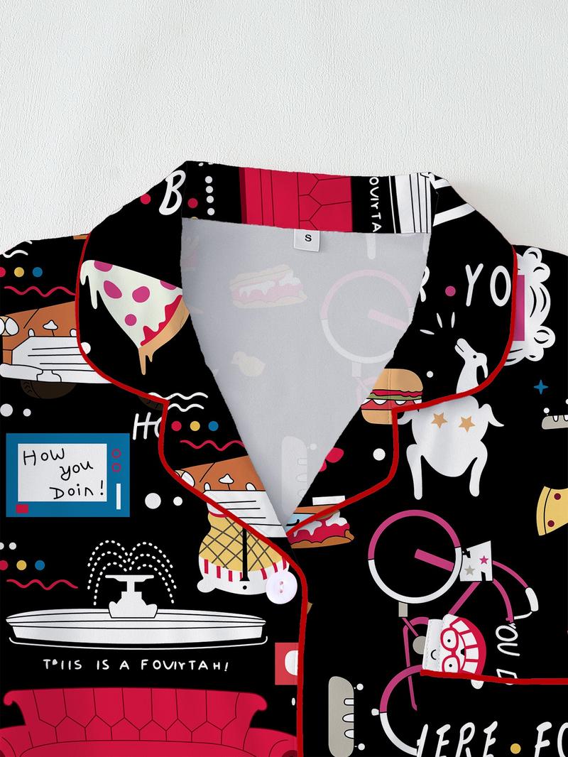 Women's Friends TV Show Sleepwear Loungewear Set, Spring Lapel Shirt & Pants Two-Piece, Short Sleeve Shorts, Party Wear, Fitted Pop Art Print