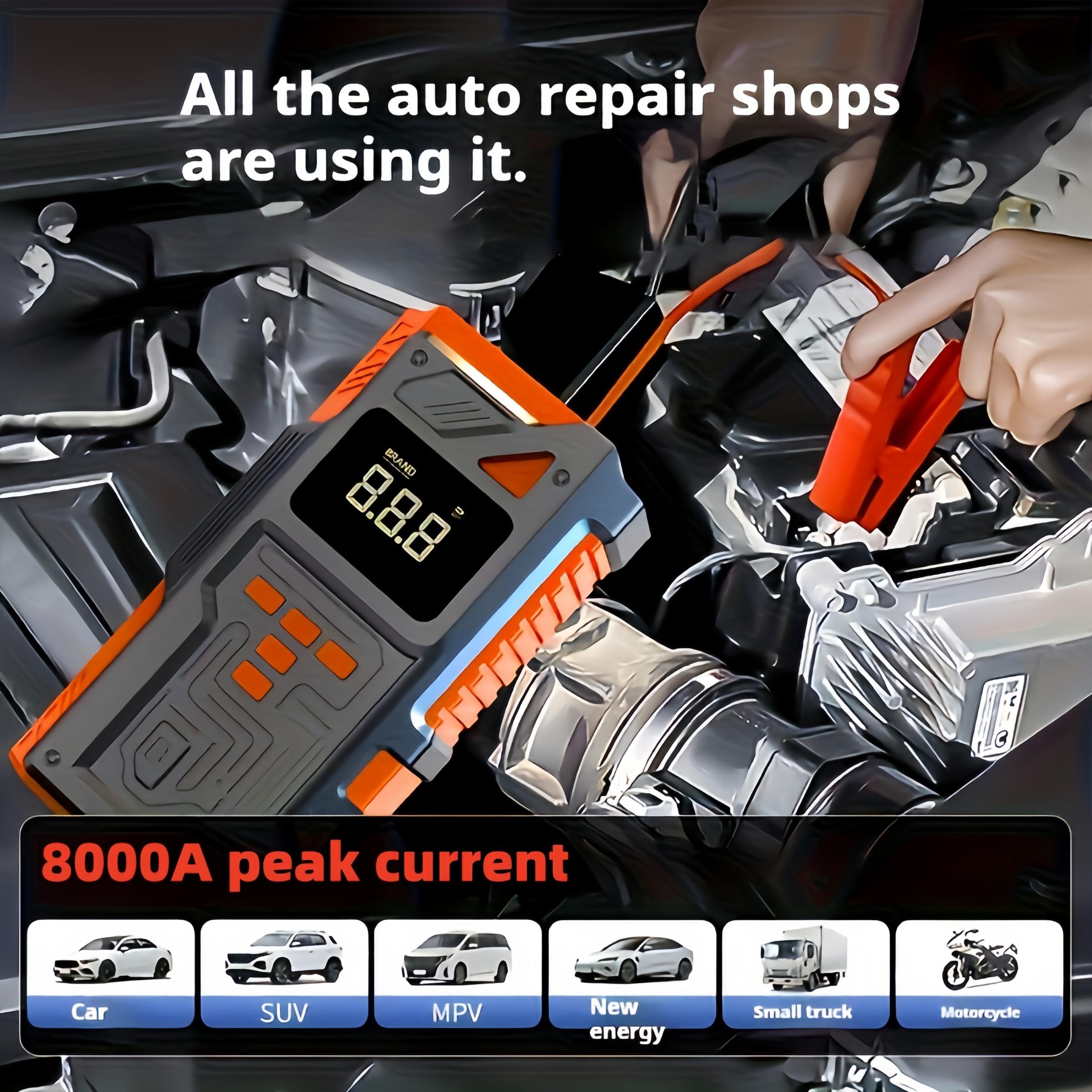 10-in-1 Wireless Car Repair Tools (including 180 PSI air compressor and 12/24V battery boost starter, 8000mAh battery pack, tire pressure monitor, flashlight, equipped with intelligent jumper connector and inflation accessories)，Intelligent jumping box.