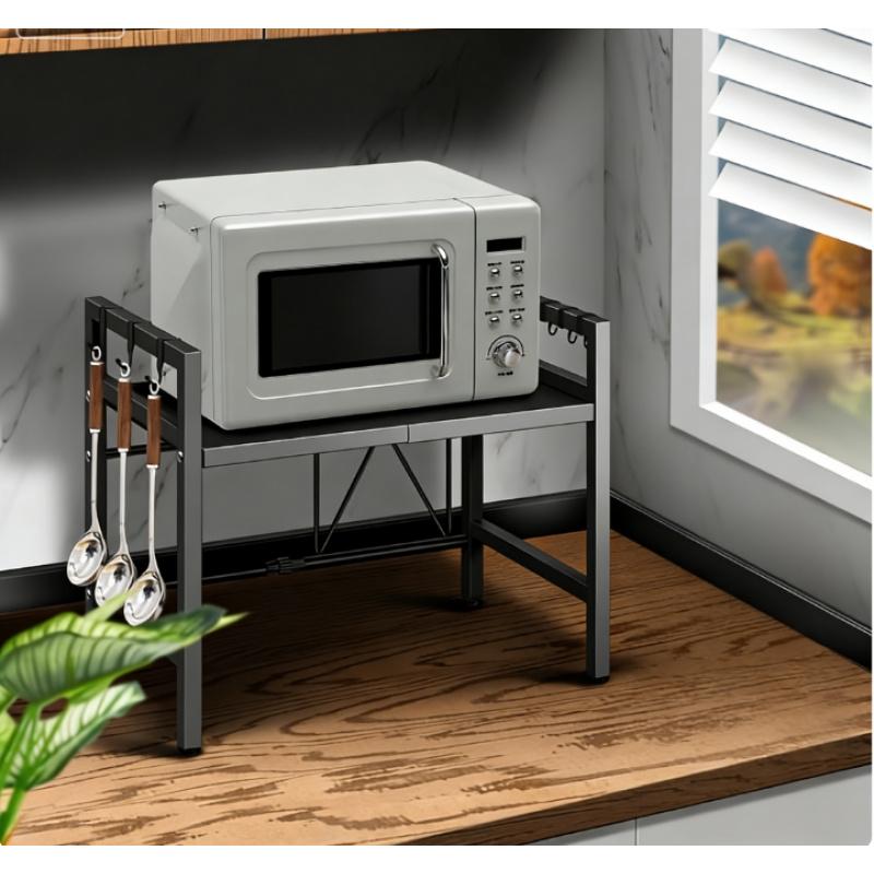 Expandable microwave rack with hooks, adjustable width to save space. Suitable for microwave ovens, ovens, coffee makers, etc. Easy to assemble, a must-have for the kitchen.