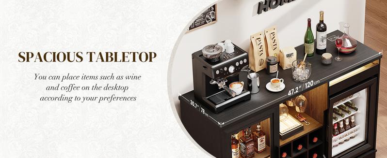 BROTTAR Coffee Bar Cabinet with Fridge, Liquor Cabinet with LED Lights & Glass Holder, Mini Fridge Cabinet with Wine Storage, Human Body Sensor, Sideboard Buffet Table for Kitchen Dining Room, Black