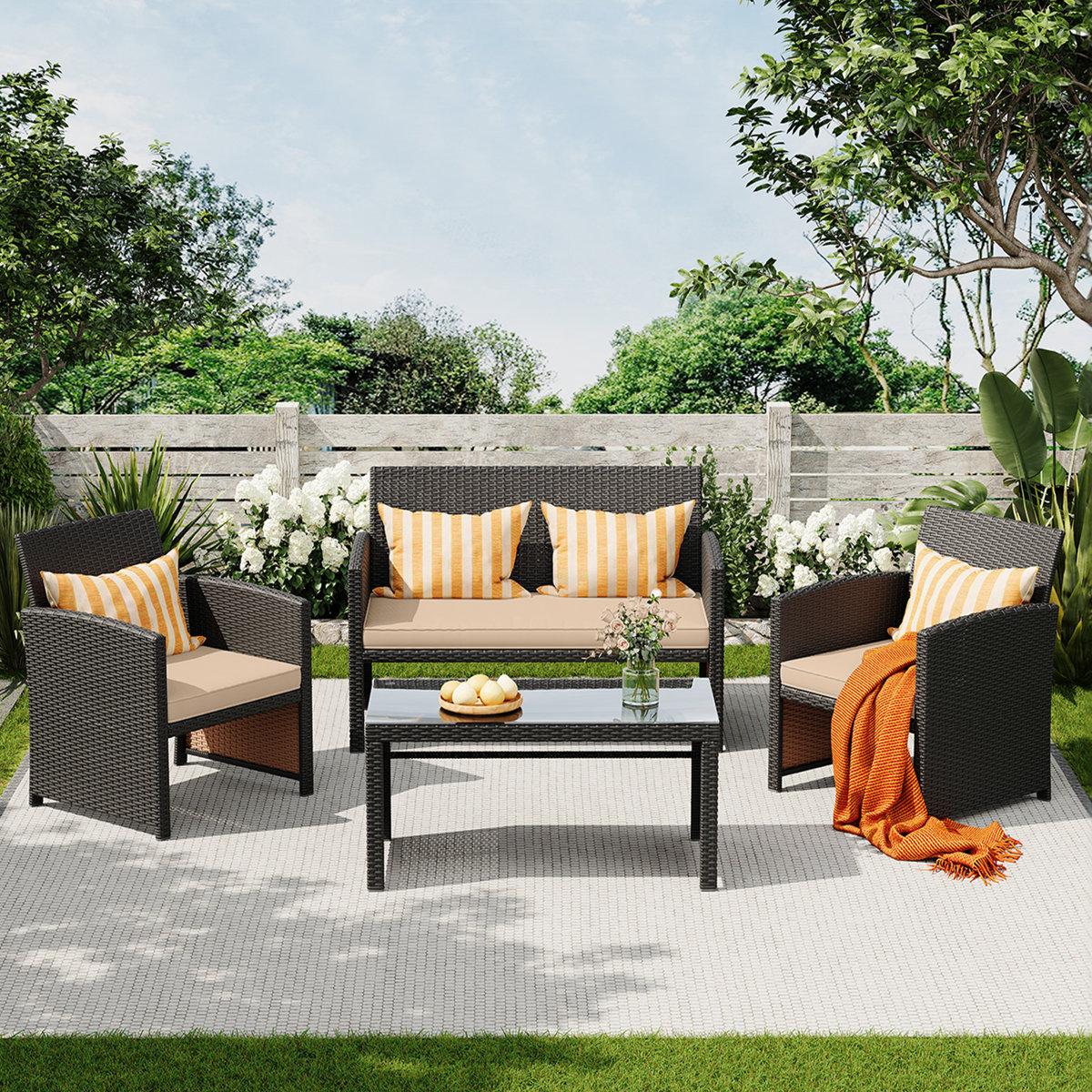 4-Piece Wicker Patio Sofa Set with Cushions & Glass Coffee Table, Compact Outdoor Furniture for Backyard & Poolside (Does not include pillow) 4-Piece Wicker Patio Sofa Set with Cushions & Glass Coffee Table, Compact Outdoor Furniture for Backyard & Poolside (Does not include pillow)