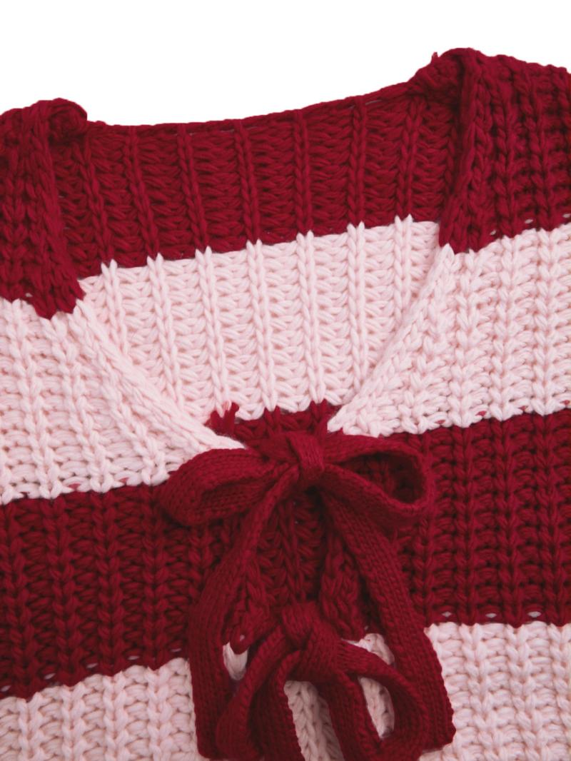 Women's Loose-Fit Striped Colorblock V Neck Sweater, Casual Long Sleeve Drop Shoulder Cardigan for Spring & Fall, Ladies Fashion Outerwear Knitwear