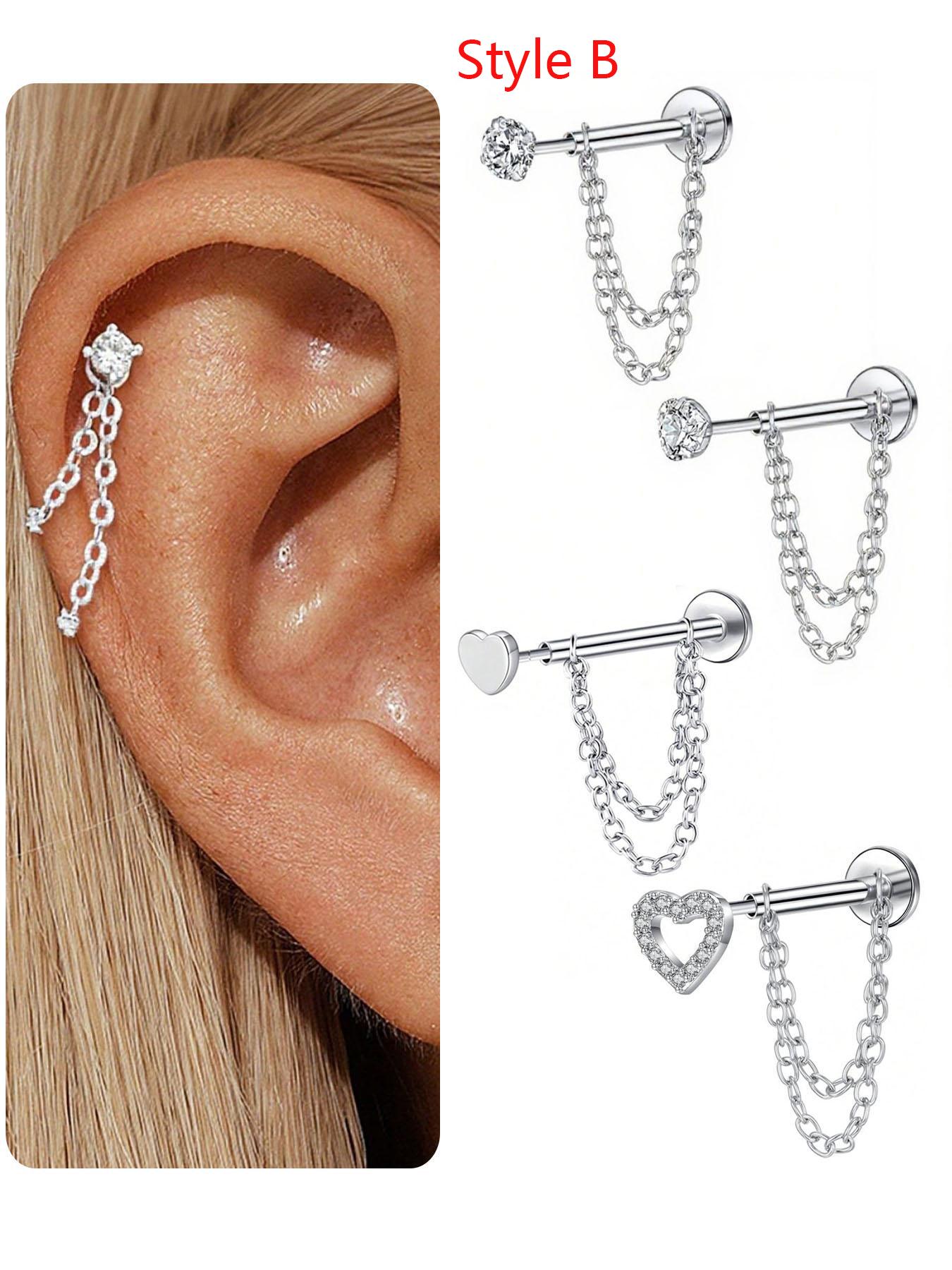 Unisex Stainless Steel Cubic Zirconia Earrings, 20G Push-Back Studs with Double Chain Design, Fashion Ear Jewelry, Trendy Jewelry Accessories, Perfect Gift