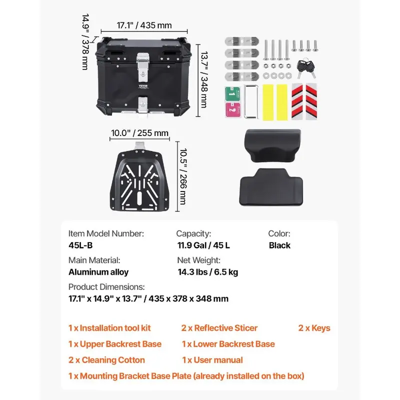 VEVOR Universal Fit Aluminum Alloy Motorcycle Top Case, 45L Waterproof Lockable Tail Storage Box with Leather Lining, Detachable Back Cushion, Compatible with 99% of Motorcycle Frames