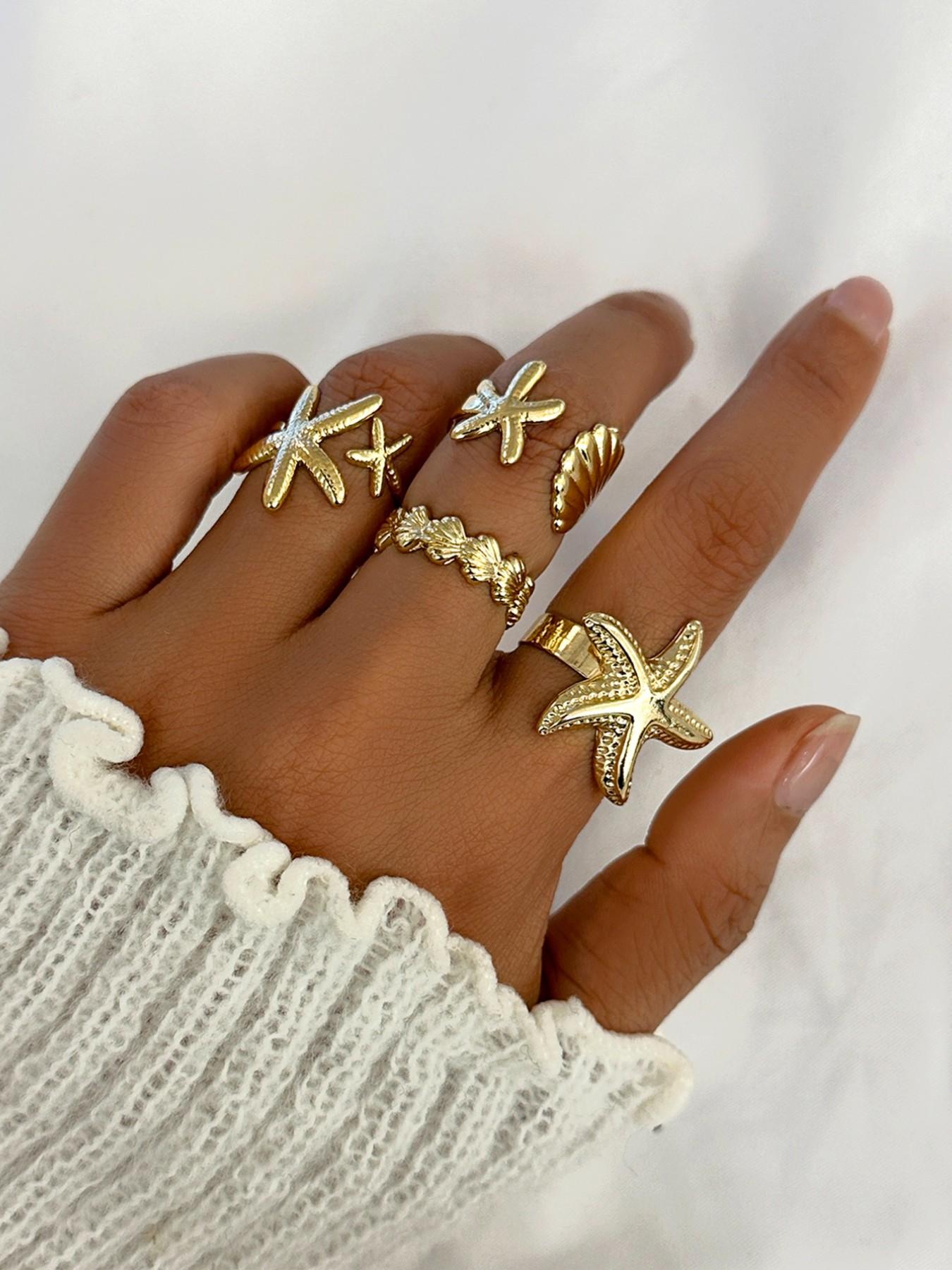 4 Piece Starfish Shell Rings Set, Elegant Sea Inspired Jewelry for Women, Perfect Gift for Beach Lovers