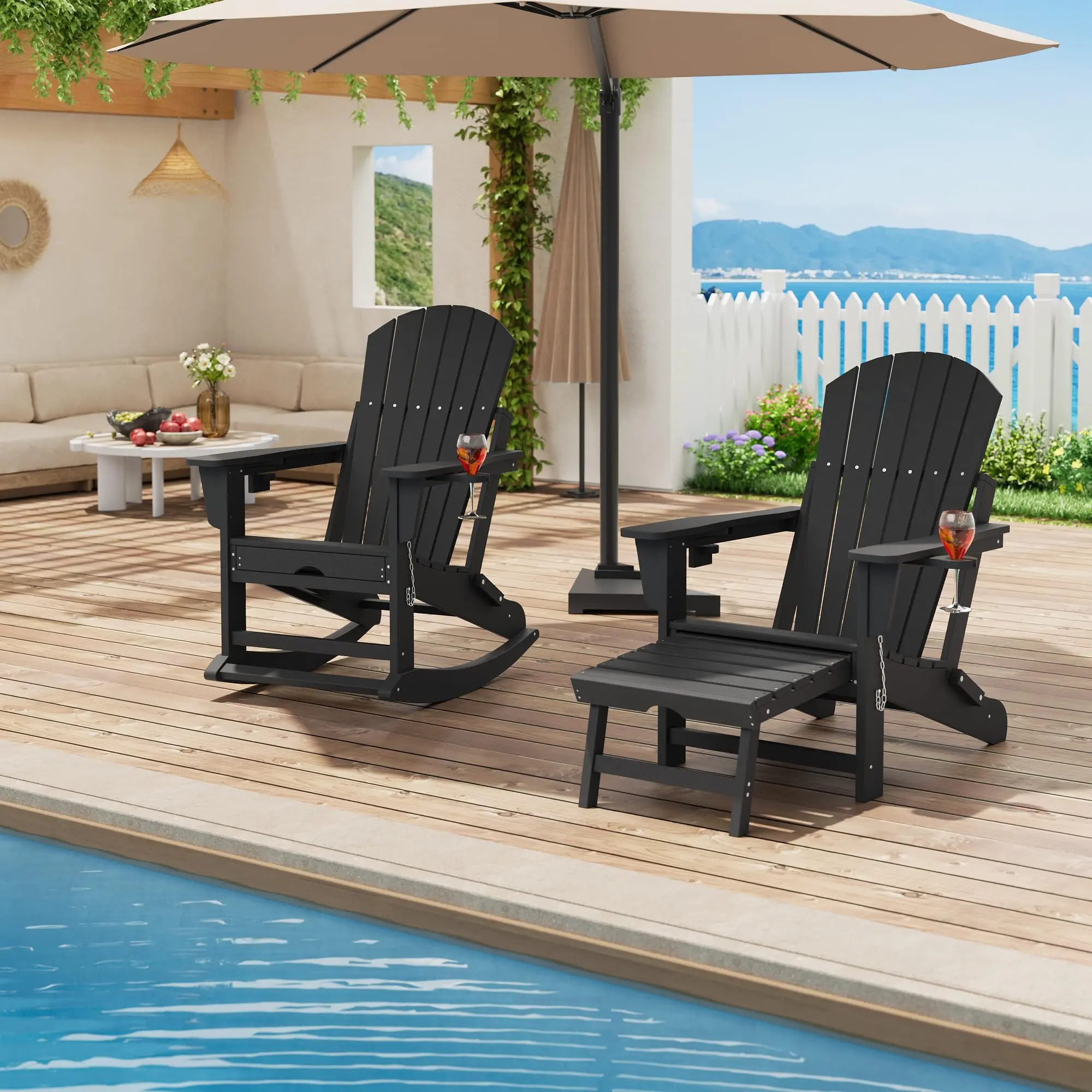 GARVEE 2-in-1 Foldable Rocking Chair Made of HDPE, Adirondack Recliner with Drink Holder, Wide Armrests and Footrest, Weatherproof Garden Chair for Terrace and Pool, 73.9 x 84 x 104.6 cm (1 Piece)