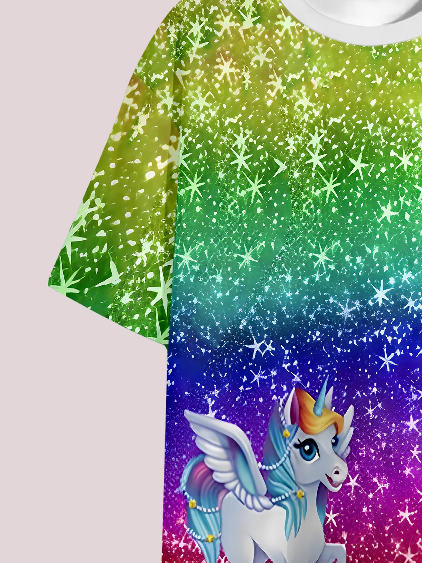 Girls Summer Rainbow Gradient Unicorn Set, Kids Dreamy Galaxy Pegasus Short Sleeve & Shorts Two-Piece Outfit