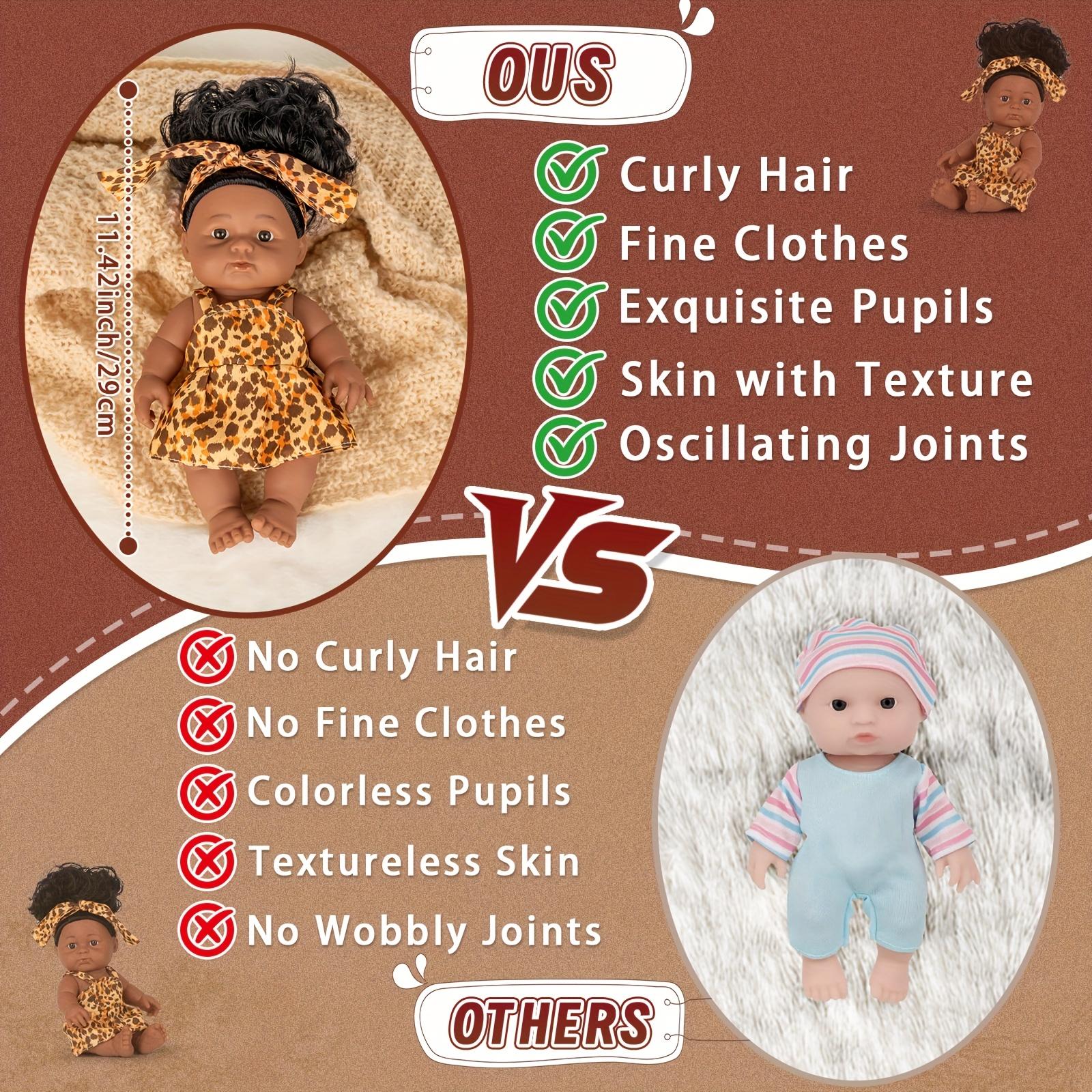 Baby Doll, 12 inch American African Girl Doll with Dress, Realistic Reborn for Kids Aged 2 3 4 5 6, Silicone Small Toy Curly Hair Birthday Gift,