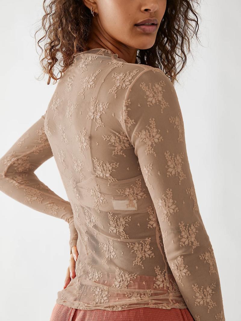 Women's Floral Lace Sheer Cover Up Top, Beach Cover Ups, Casual Long Sleeve Top for Beach Holiday Vacation, Ladies Clothes for All Seasons