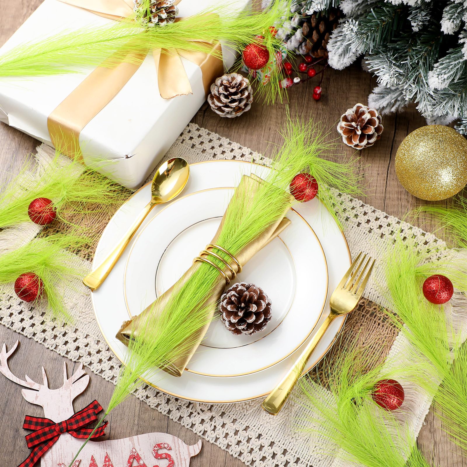 Christmas Clearance Sale Christmas Ornaments Green Furry Picks Fluffy Cuttable Christmas Tree Topper Set Xmas Tree Branch, Faux Pampas Grass Bendable Picks, Curly Artificial Stems with Berry Red Ball Wreath Vase Filler Holiday Home Christmas Decor