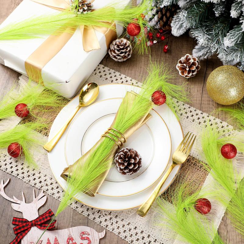 Christmas Clearance Sale Christmas Ornaments Green Furry Picks Fluffy Cuttable Christmas Tree Topper Set Xmas Tree Branch, Faux Pampas Grass Bendable Picks, Curly Artificial Stems with Berry Red Ball Wreath Vase Filler Holiday Home Christmas Decor