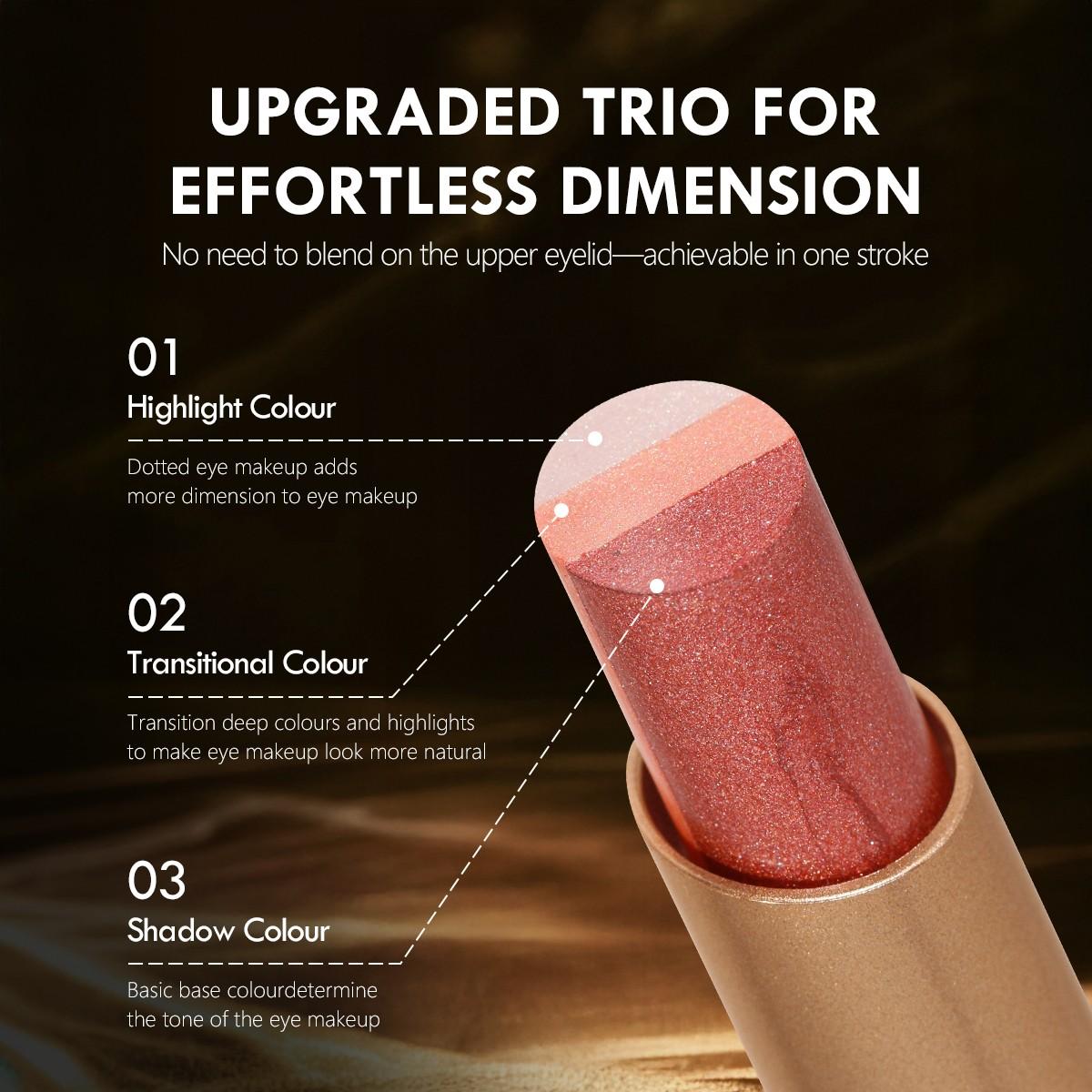 3-in-1 Easy Eyeshadow Stick for Beginners,SmudgeProof in Seconds, One-Stroke Application,Creamy Shimmer Trio Eyeshadow Stick Waterproof Longwear Liquid Eyeliner Color Changing Lip Oil Trio Waterproof Shiny Diamond Eyeshadow