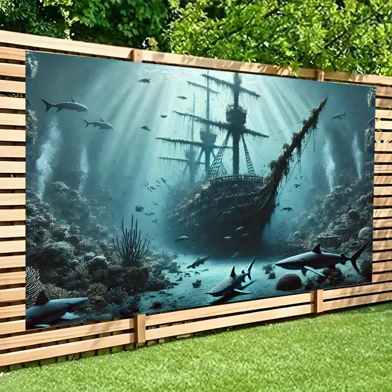 8x6ft Multicolor 2D Flat Underwater Sunken Ship Backdrop Banner - Lightweight Polyester Artwork, No Electricity Needed, Easy-Hang Photo Prop with Sharks, Coral Reefs, Mast - Pirate Party Decor, Nautical Home Gift