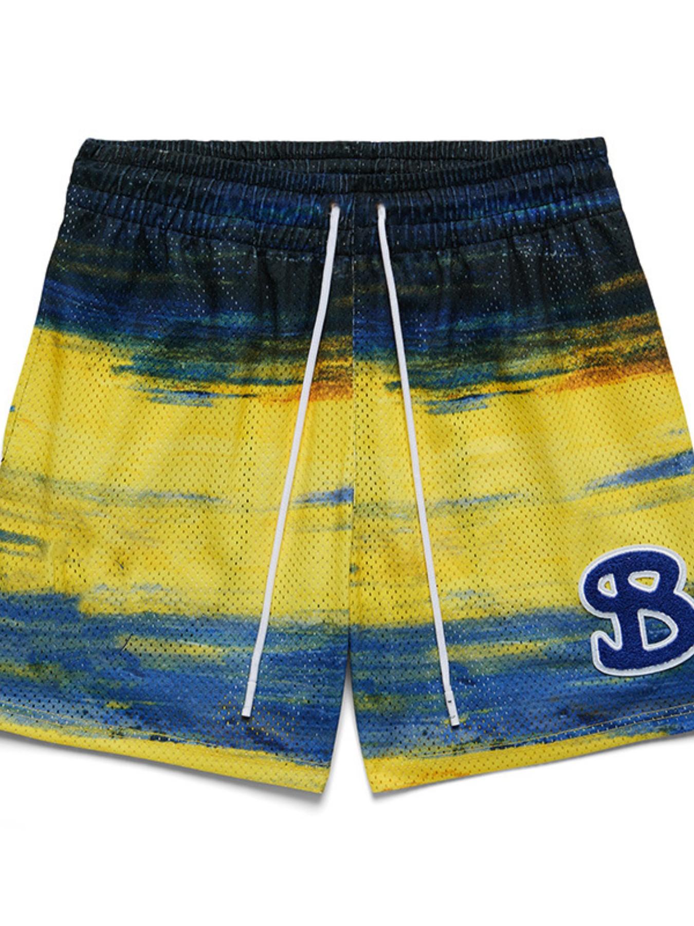 American Style Bktsqd Oil Painting Mesh Breathable Quick-Dry Four-Quarter High-Quality Gym Shorts for Men, Summer Fashion
