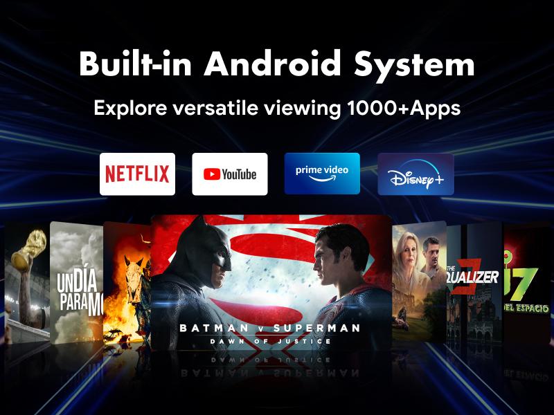 SkyEcho Portable Gimbal Projector. 270° Rotating Universal Motion Mount. Auto Focus & Keystone Correction. 4K Hardware Decoding. dual WiFi 6. Android OS. Bluetooth 5.2. Wireless Screen Mirroring & Casting.Projector for bedroom Audio