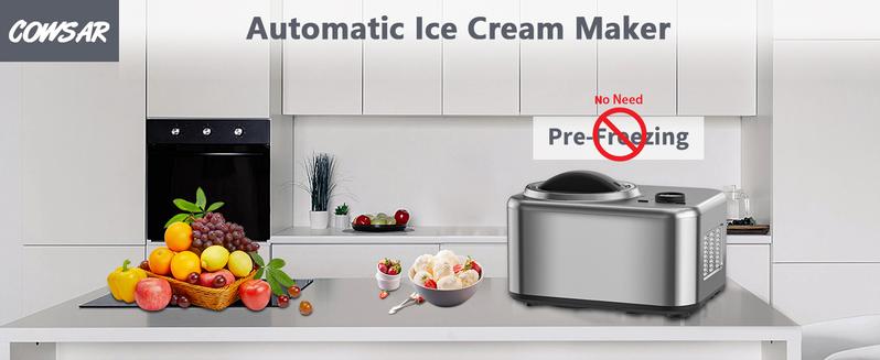 COWSAR 1.6 Quart Automatic Stainless Steels Ice Cream Maker with Built-in Compressor, No Pre-freezing, Fruit Yogurt Machine with LCD Display & Timer, Removable Ice Cream Bowl, Easy Clean