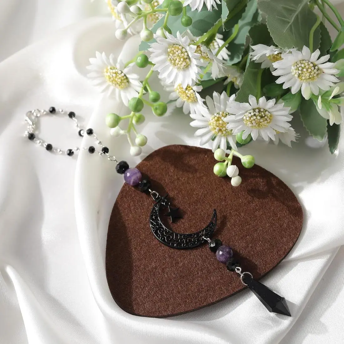 Celestial Theme Car Charm, Boho Amethyst Crystal Rearview Mirror Pendant for Women Girls, Spiritual Luck Accessory for Road Trips, Moon Star, Interior Decor