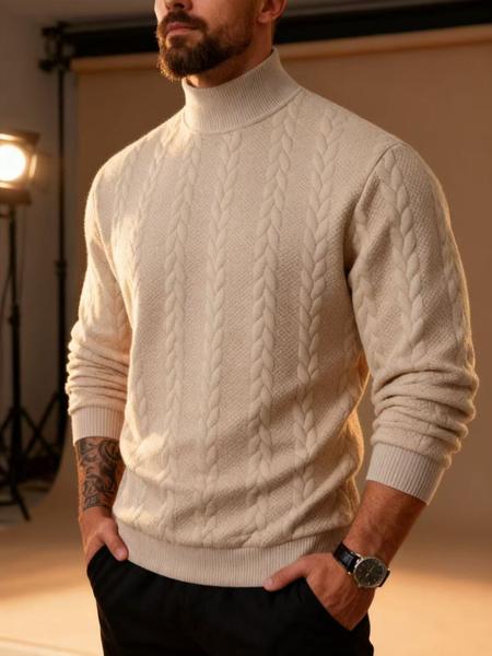 Men's solid color knitted jacquard turtleneck sweater is comfortable, warm and windproof, and can be layered. Casual, comfortable, regular slim fit long-sleeved sweatshirt, suitable for autumn and winter wear, and for men's daily outfits.