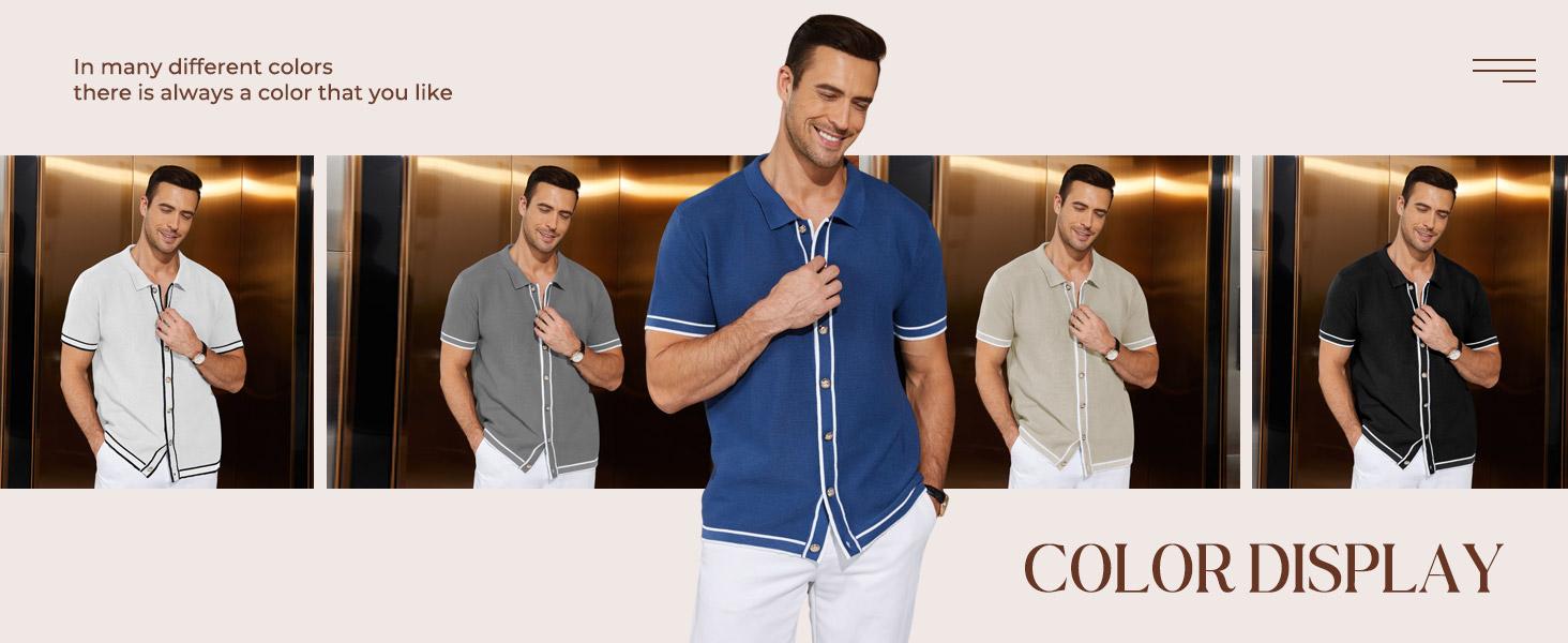 Zaitun Men's Contrast Trim Button Front Short Sleeve Casual Relaxed Fit Knit Top Polo Men Shirt