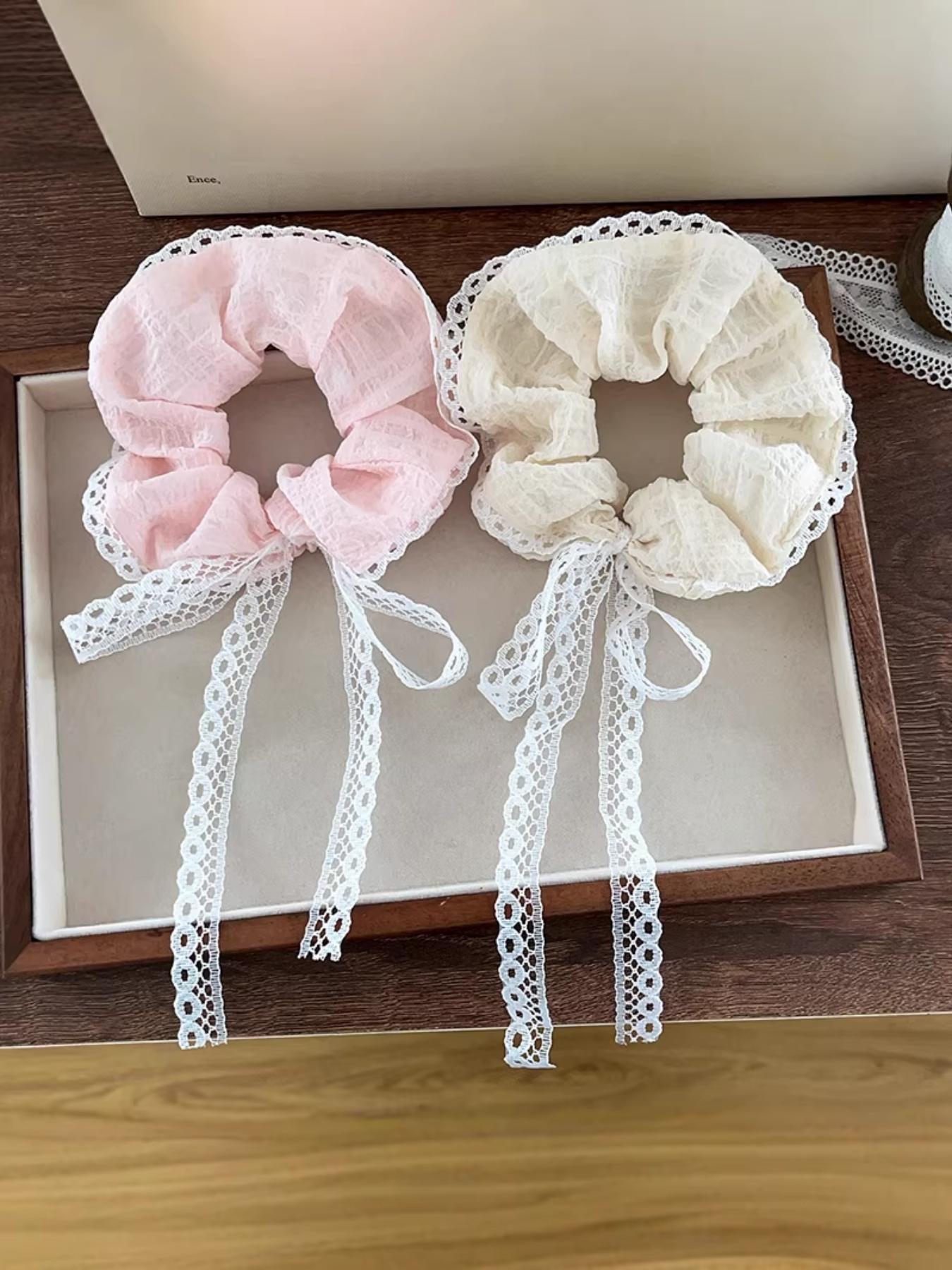 2 Pcs Korean Style Lace Edged Hair Ties, Elegant Bow Design, Casual All-Season Headband, Ditsy Floral Pattern, High-Quality Elastic Bands