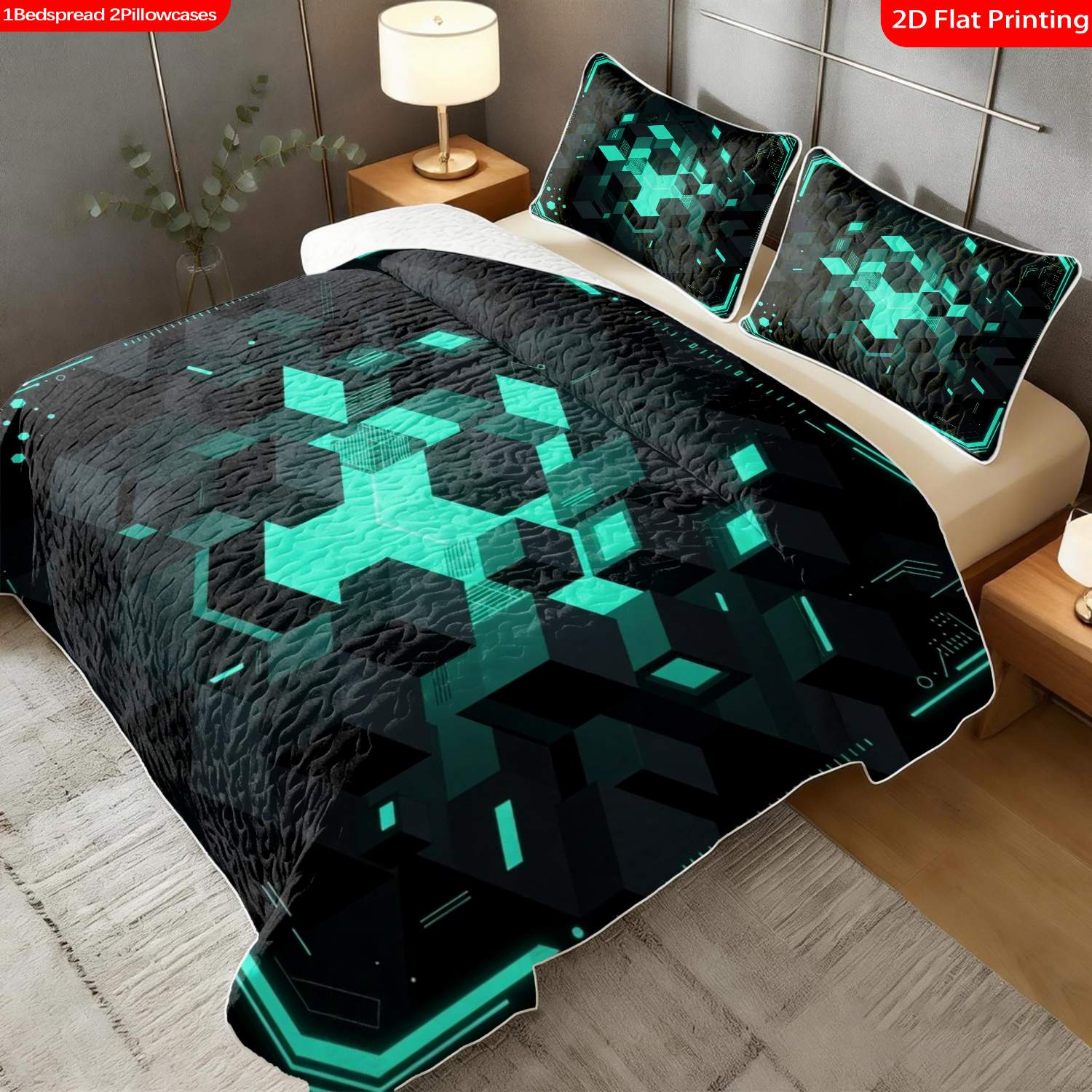 3 pcs, 2D Flat Print Neon Geometric Cubes Bedspread Set, Soft and Comfortable, Multiple Sizes Available, Suitable for Gifting and Daily Use, Ideal for Creating a Cozy Home Atmosphere(1 bedspread , 2 pillowcases)