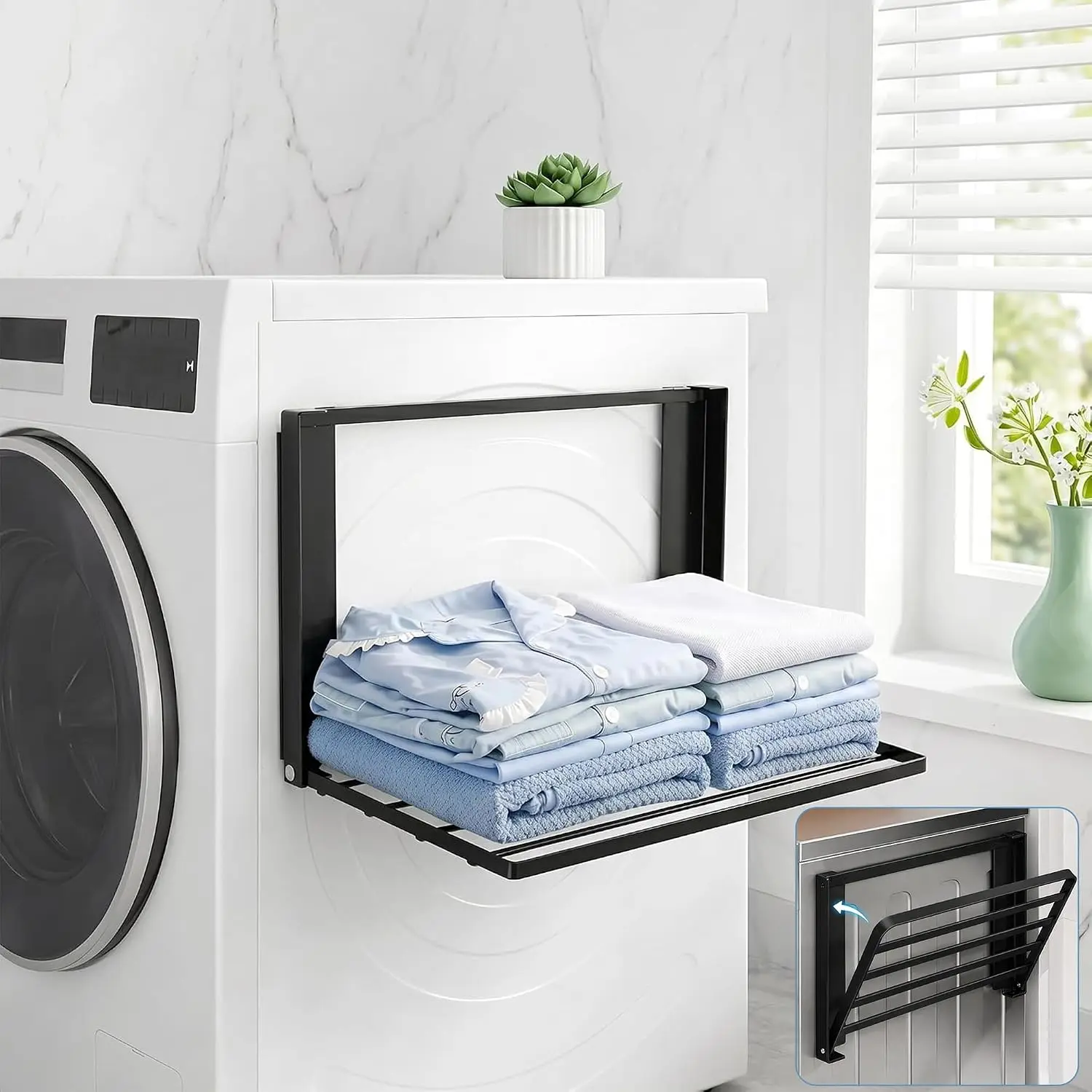 Laundry Organizer,  Shelves for Washing Machine, Foldable |  Shelf for Fridge, Space-Saving, Bathroom, Kitchen RV, Black