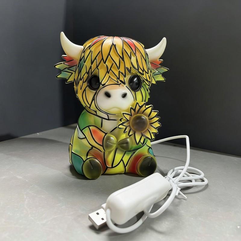 Funny Highland Cow Sunflower Statue, Warm Tone Quirky Style Desktop Lamp, Eco-Friendly Resin, USB Powered, Perfect Gift for Animal Lovers