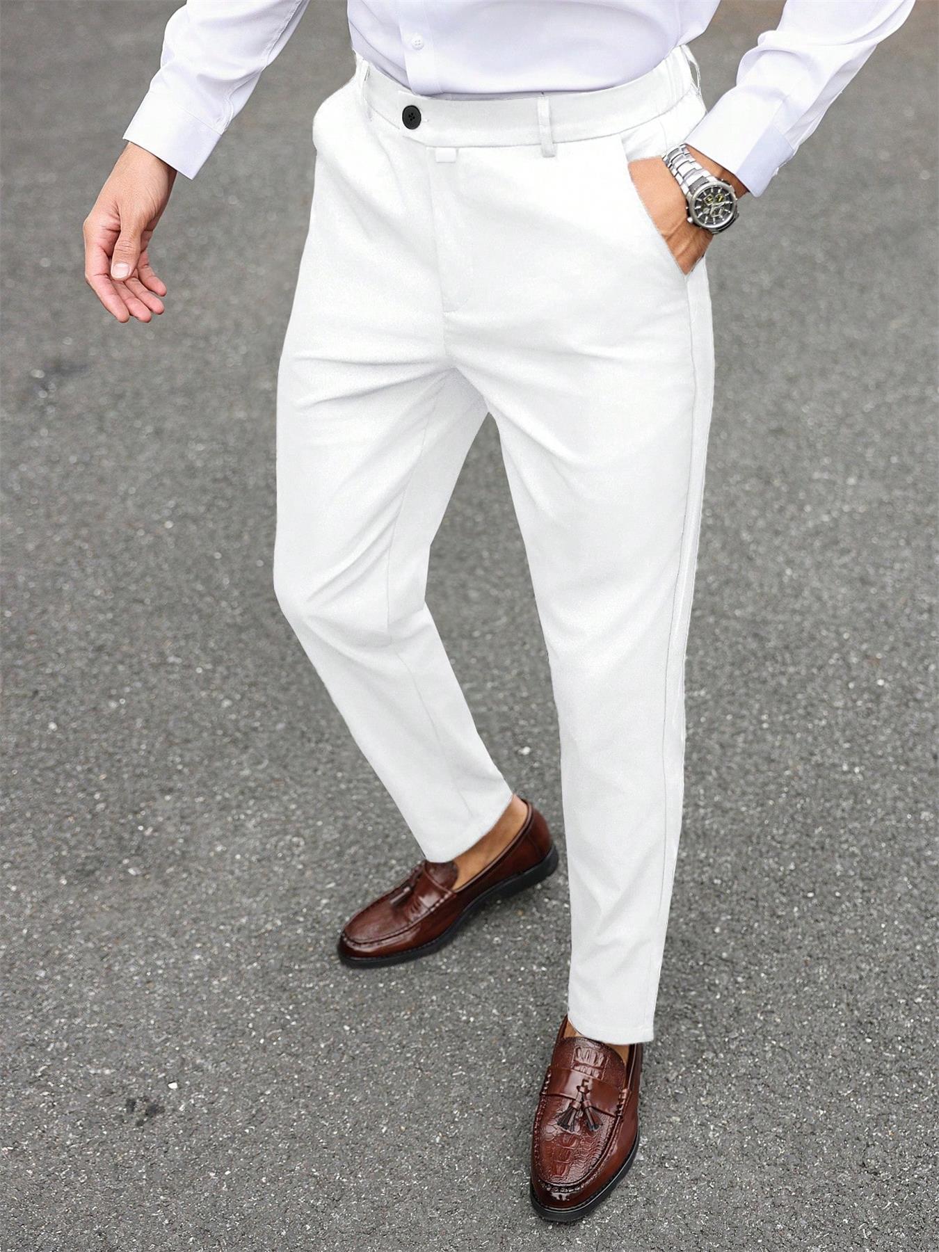 Men's Casual Solid Color Dress Pants Formal, Button Elastic Waist Fall Pants, Business Long Pants for Spring Summer Office Wear Club Wear Going Out Party