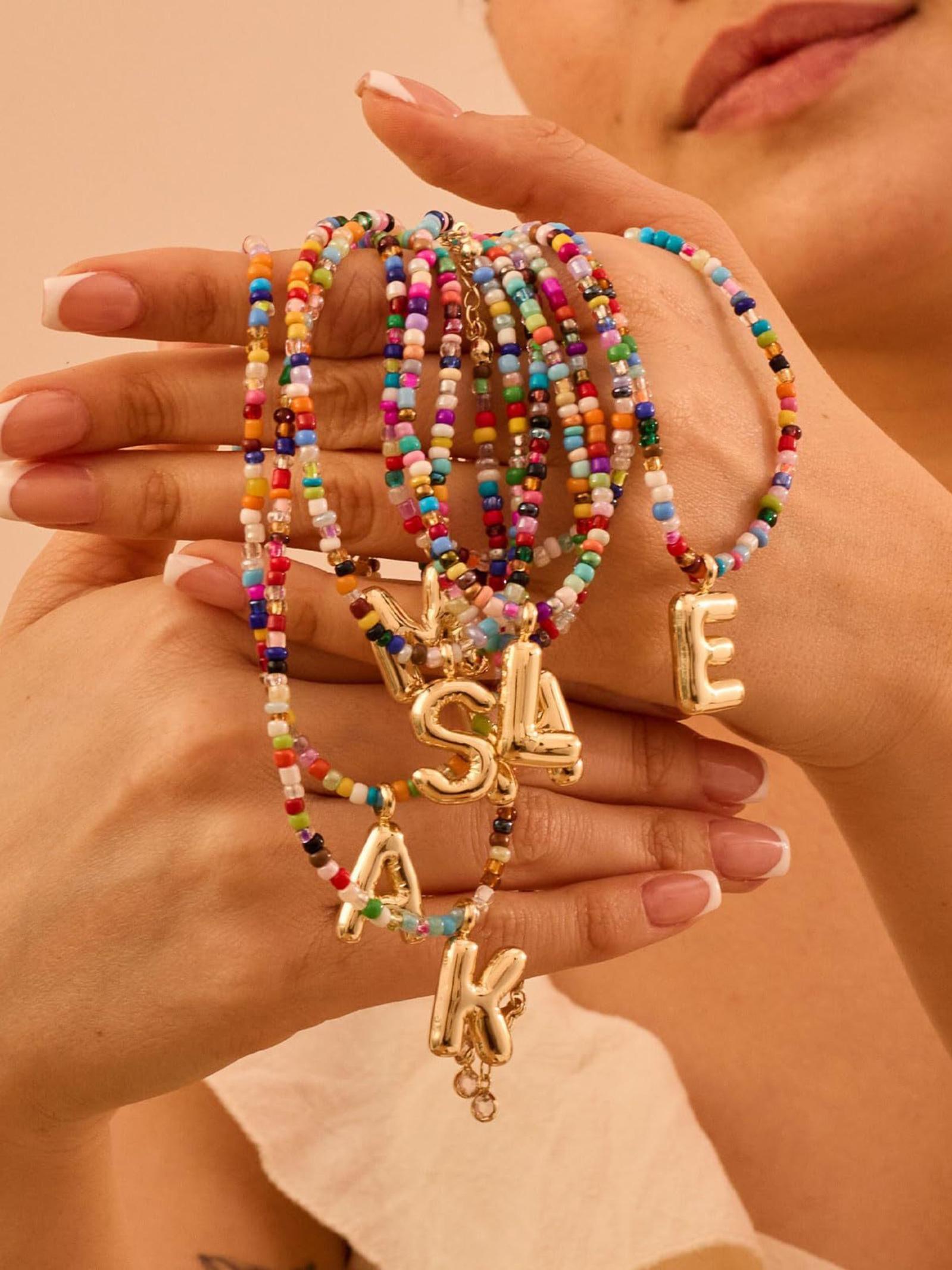 Women's Colorful Letter Necklace, Bubble Initial Necklace, Handmade Beaded Jewelry, Bohemian Beach Style, Perfect Gift, High-Quality Fashion Accessory