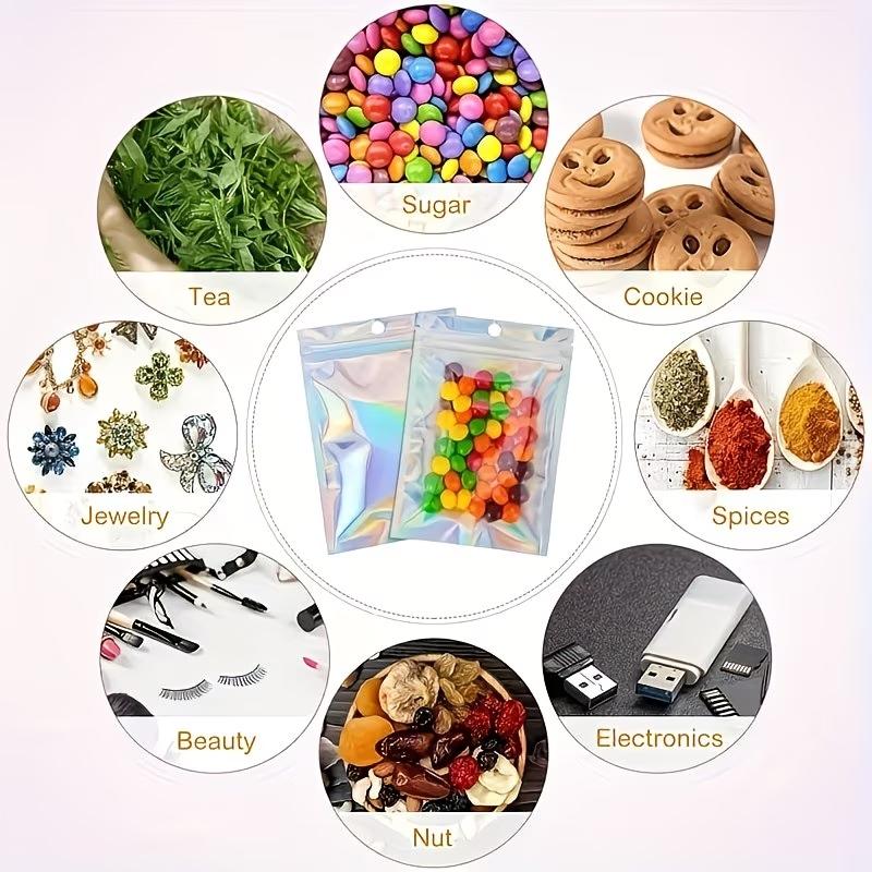 20pcs Re-Sealable Odor-Proof Bags, Holographic Aluminum Foil Food Candy Jewelry Screw Flat Zip Lock Bag, Resealable Zipper Bags, Durable Storage Solution