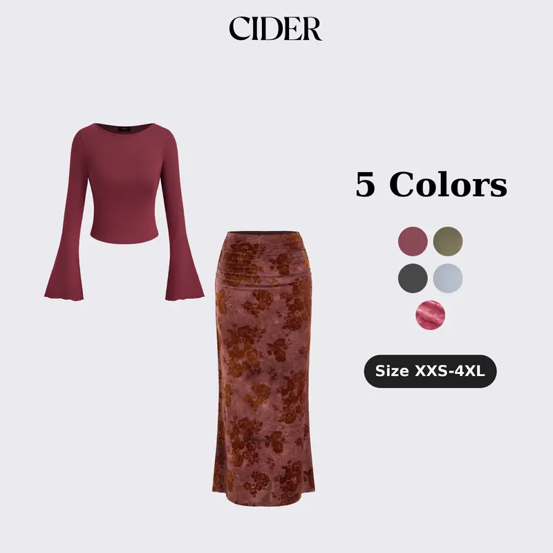 Cider Boat Neck Long Sleeve Top & Mid Rise Floral Ruched Maxi Skirt Set