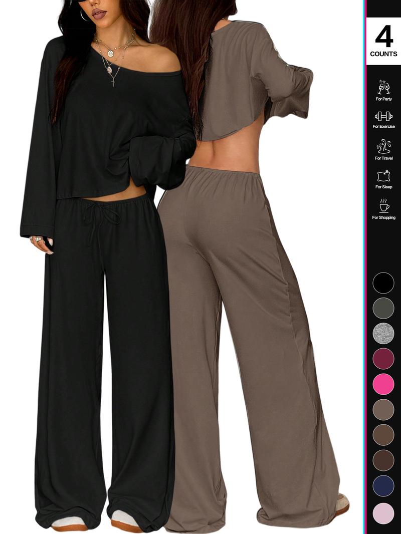 2026Women's Two-Piece Set, Long Sleeve Casual, Breathable Elastic Waist Pants, All-Season Basic Sleepwear, Comfortable Loungewear