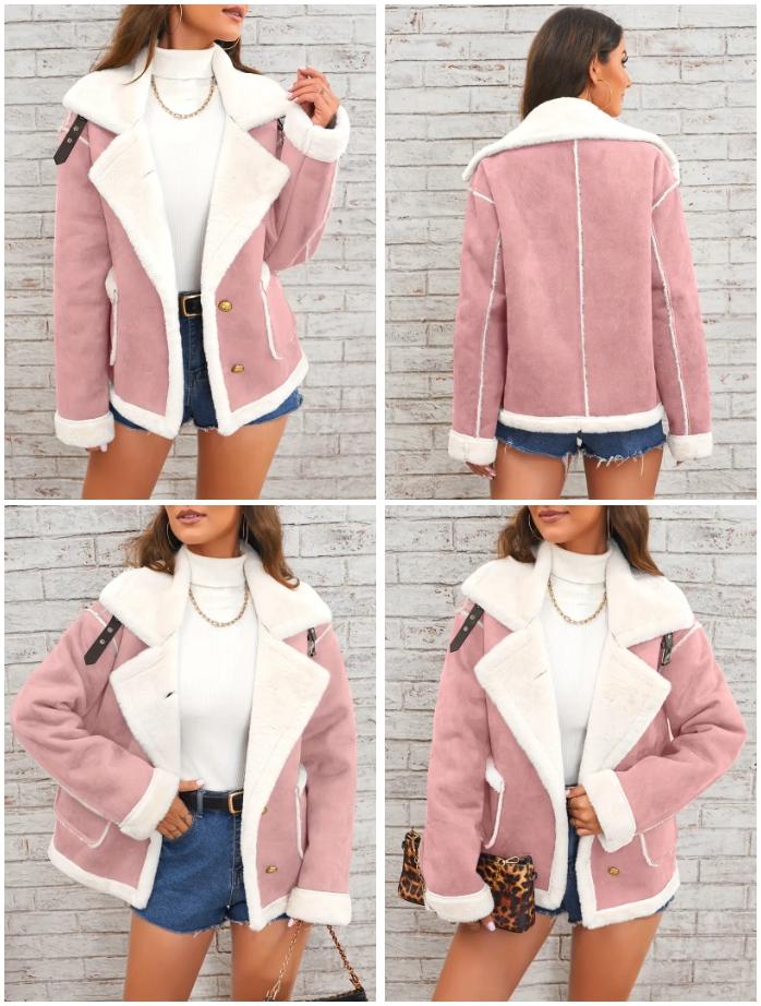 BIGWIG Lapel Plush Jacket Winter Warm Casual Outwear Women's Clothing Long Sleeve Suede Faux Sherpa Fur Lined Coats Basic Minimalist Pink Color