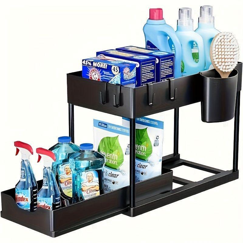 Double Layer Pull-Out Sink Shelf with Hooks, Kitchen Bathroom Storage Basket, Multi-Functional Organizer Rack, Space-Saving Design