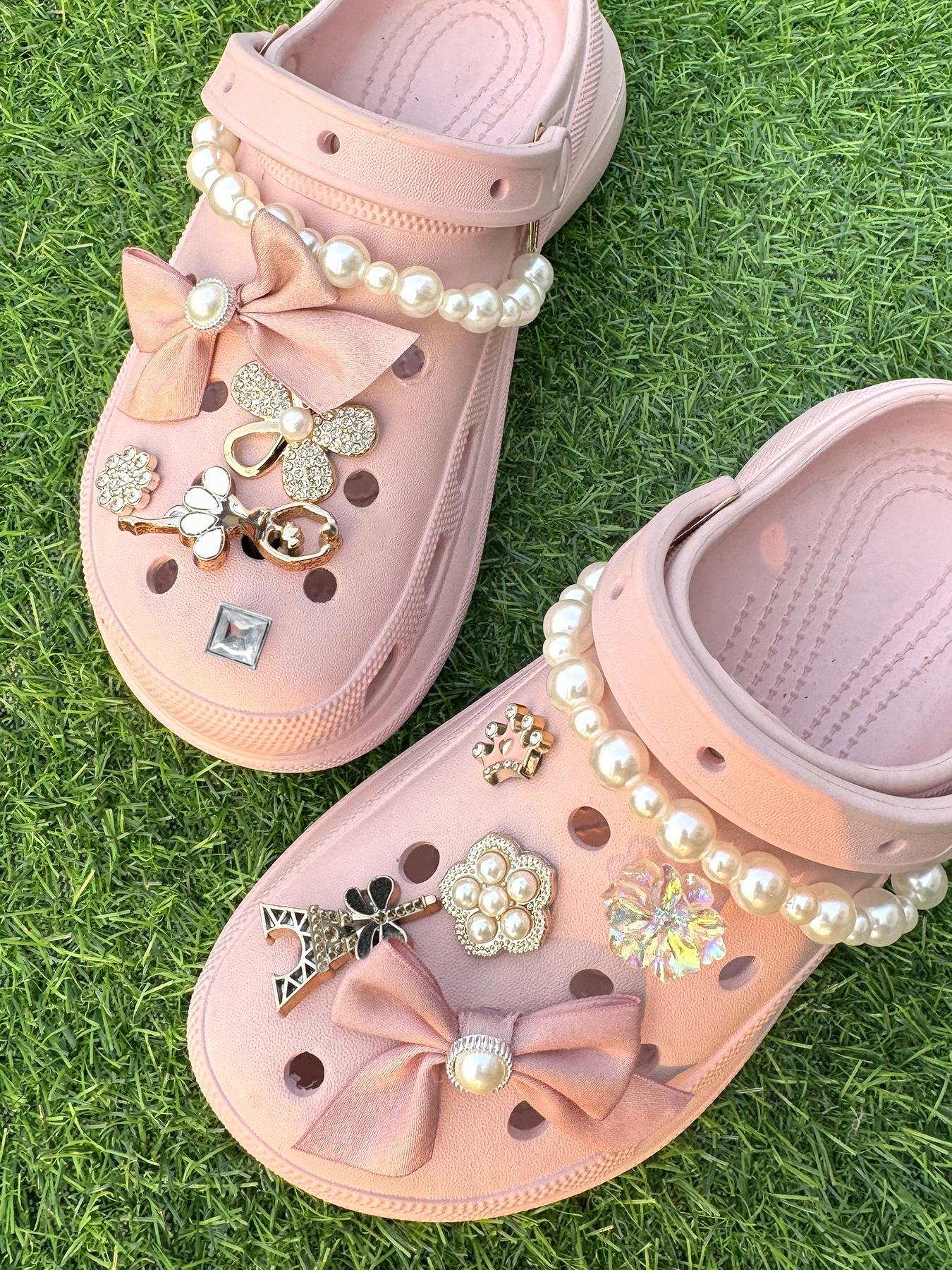 Cute Bowknot & Flower Design Faux Pearl Decor Clogs Charms, 12pcs/set Tower & Crown Design Shoes Charms, Shoes Accessories for Clogs DIY for Women & Girls, Rhinestone Shoe Decoration