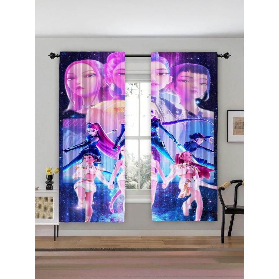 2-Piece Cartoon Print Blackout Curtains, Polyester Material, Easy to Clean, Suitable for Bedroom & Living Room, Fun Room Decor, Window Curtain