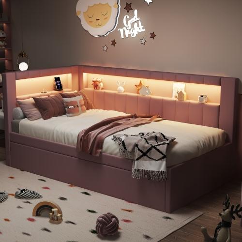 Bellemave Upholstered Twin Full Size Platform Bed with USB Ports LED Belt Trundle 2 Drawers Cloud Design 7 Color LED Lighting Sturdy Wood Frame No Box Spring Required