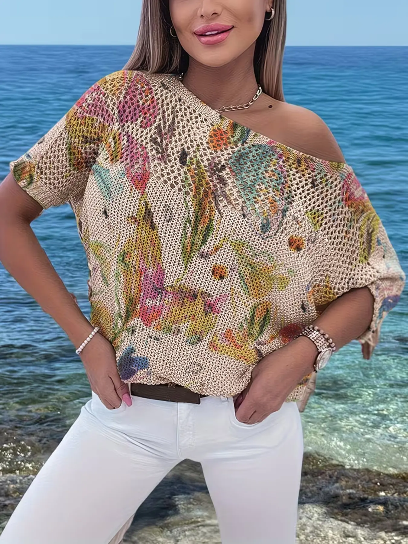 Women's Batwing Sleeve Loose Floral Knit Top, Elegant Chic Slim-Fitting Breathable Jersey Shirt, Casual Summer Outerwear for Beach Holidays