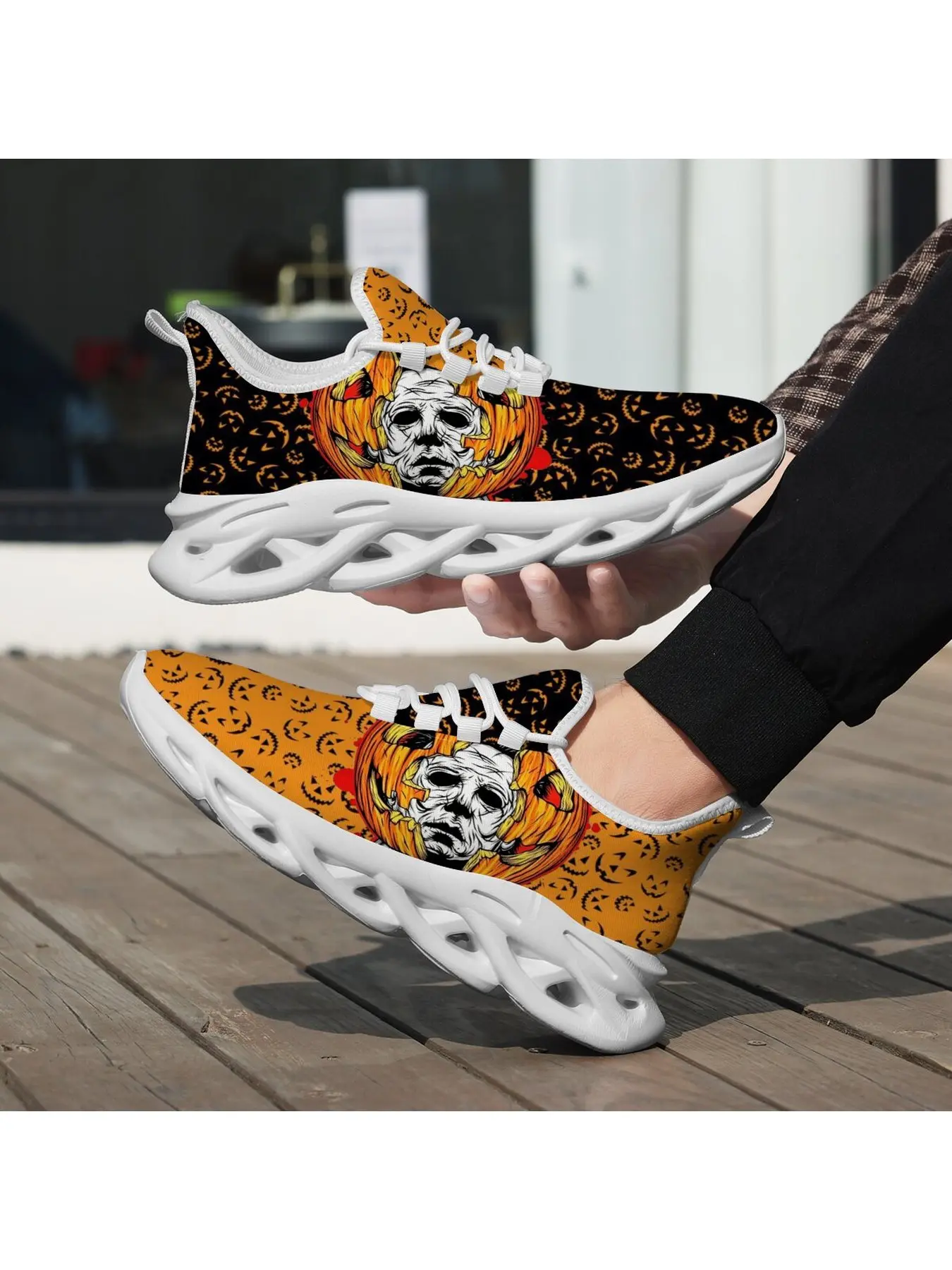 Men Halloween Skull Pumpkin Art Print Sports Sneakers Woman Cushion Sneakers Breathable Mesh Blade Sole Lightweight Lace Up Non Slip Holiday Daily Walking Shoes
