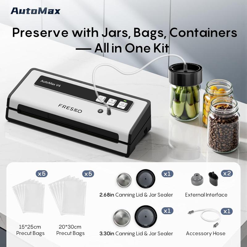 FRESKO AutoMax V4 Mason Jar Vacuum Sealer Machine, Automatic Food Sealer with Double Heat Seal, Includes Bags & Accessory Set