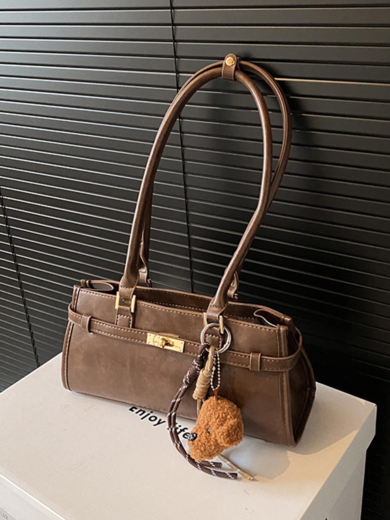 Small niche design solid color casual versatile classic shoulder bag, retro temperament small dog pendant armpit bag, lightweight temperament simple and exquisite handbag, suitable for work, shopping, commuting, daily outings, Pu Leather Bag