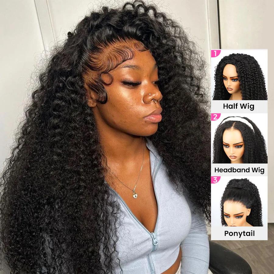 [Glueless 3 in 1 Half Wig] Deep Wave Flip Over Half Wig Human Hair Curly Flip Over Seamless Blend Edges Glueless Drawstring Headband Clip In Wigs for Women Ready to Go Wig Beginner Friendly for Black Women TikTokShopHolidayHaul