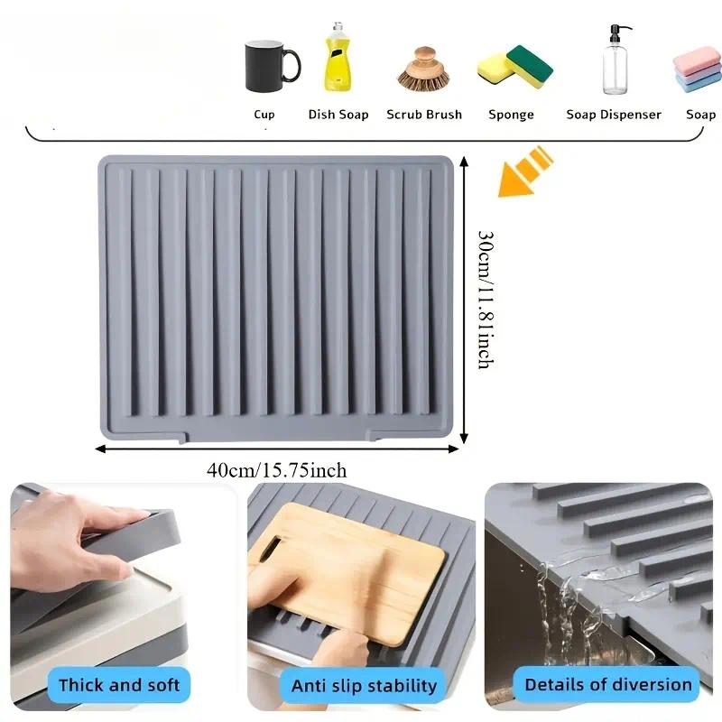 Thickened silicone kitchen draining mat, non-slip, heat-resistant, waterproof sink countertop draining mat, with drainage grooves, easy-to-clean and roll-up dish drying mat, protects dishes, plates, and countertops