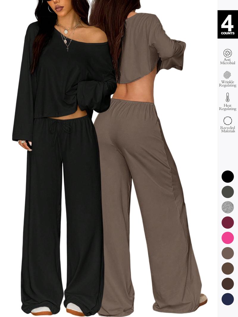 2 Piece Set Women Sleepwear Loungewear, Elegant Simple Solid Color Loose Long Sleeve Thermal Top And Pants pajamas Set, Pjs For Autumn/Winter，All Season Fashion