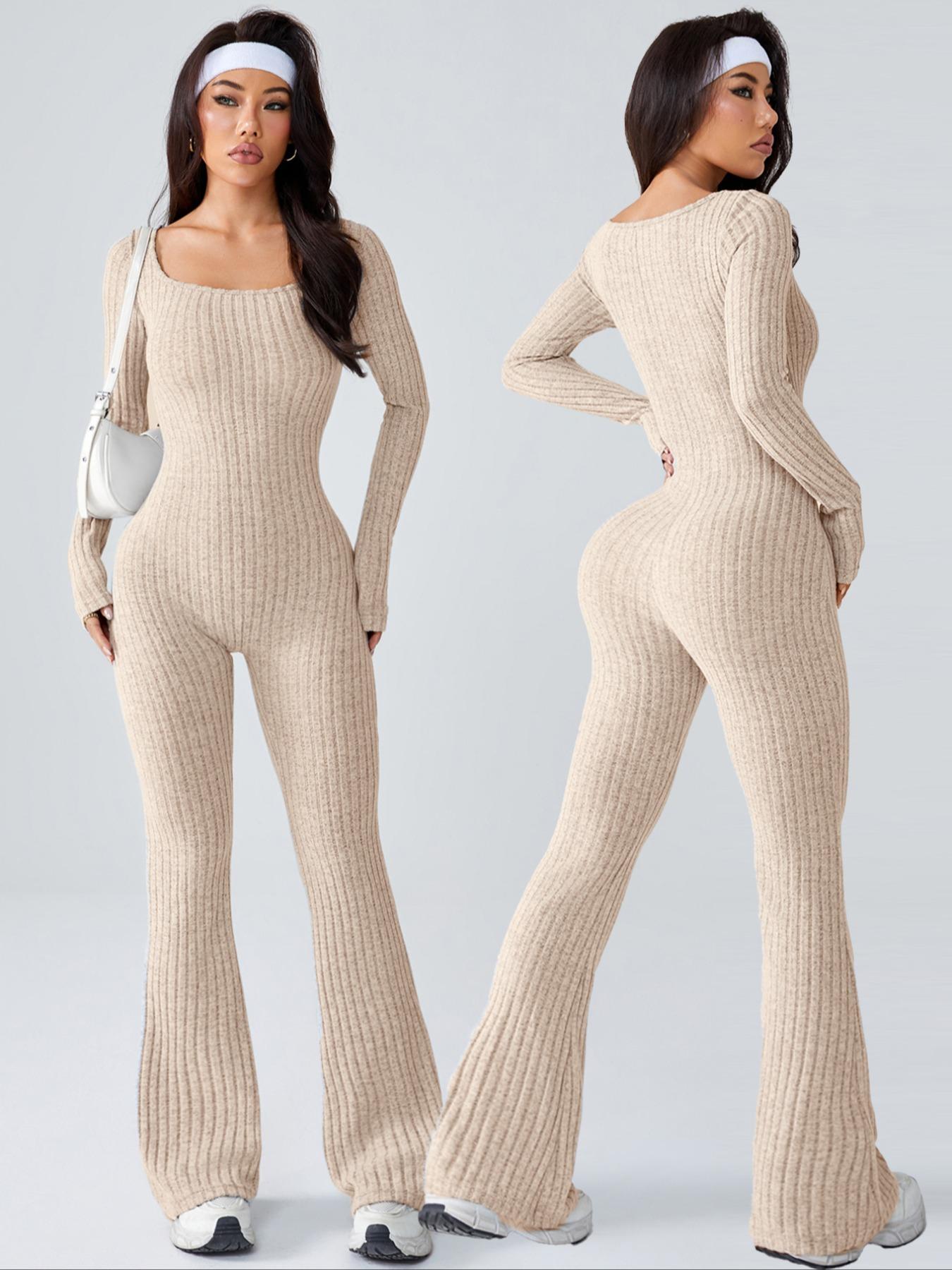 Women's Sporty U-Neck Long Sleeve Yoga Jumpsuit, Slim-Fit Below Knee Knitted Romper for All Seasons, Casual Fashion Wear
