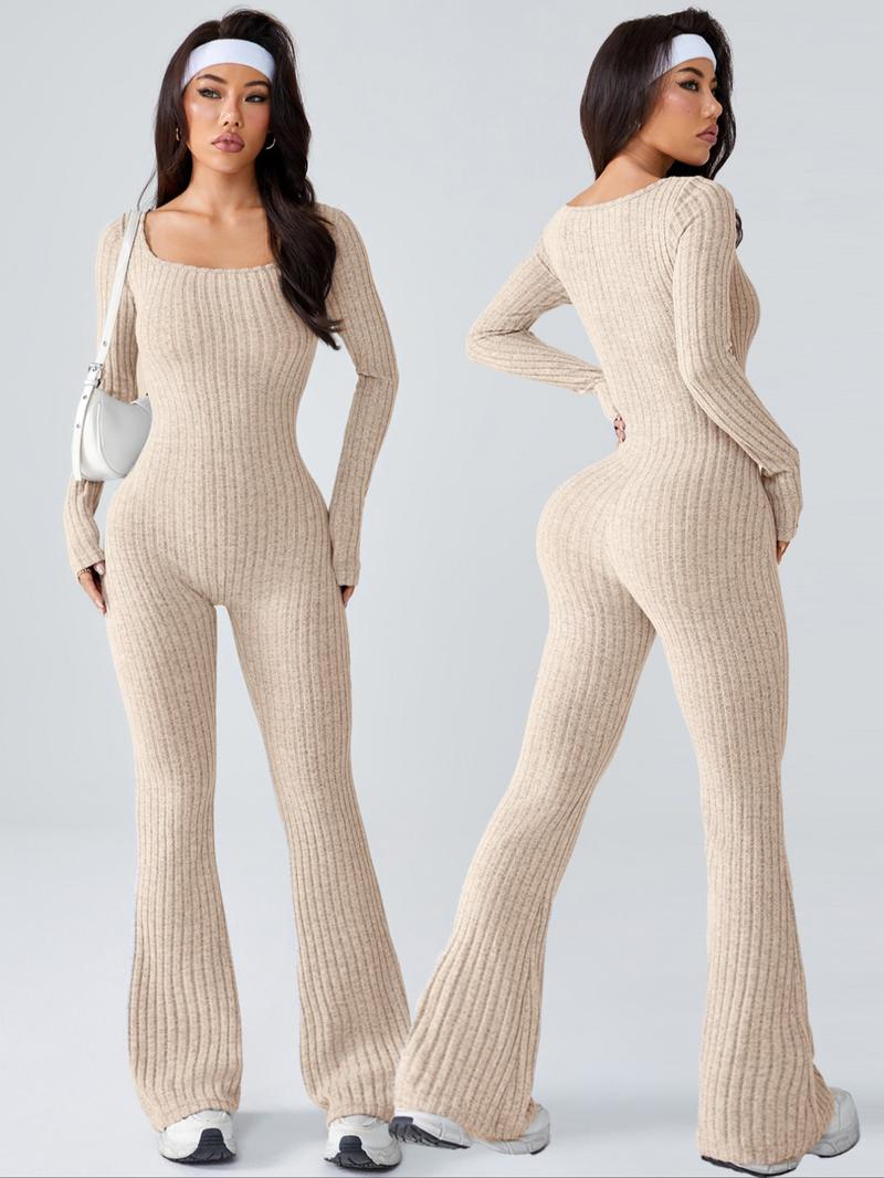 Women's Sporty U-Neck Long Sleeve Yoga Jumpsuit, Slim-Fit Below Knee Knitted Romper for All Seasons, Casual Fashion Wear